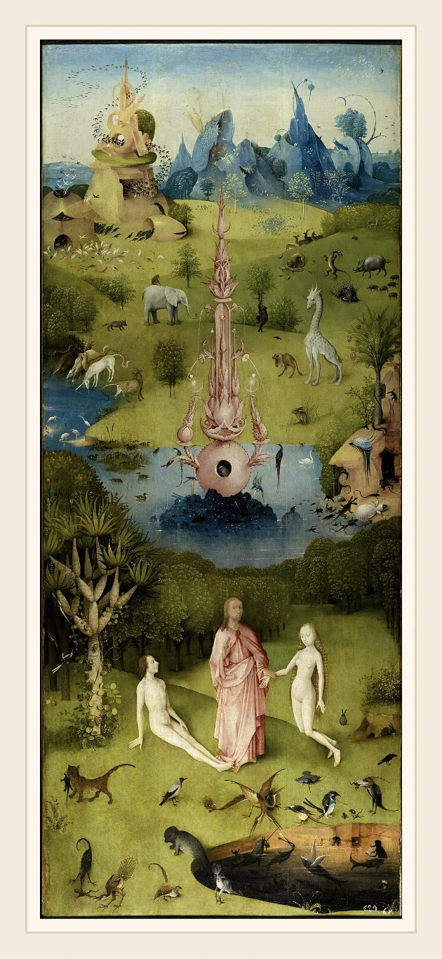 Hieronymus Bosch · Eden. Left panel of The Garden of Earthly Delights.