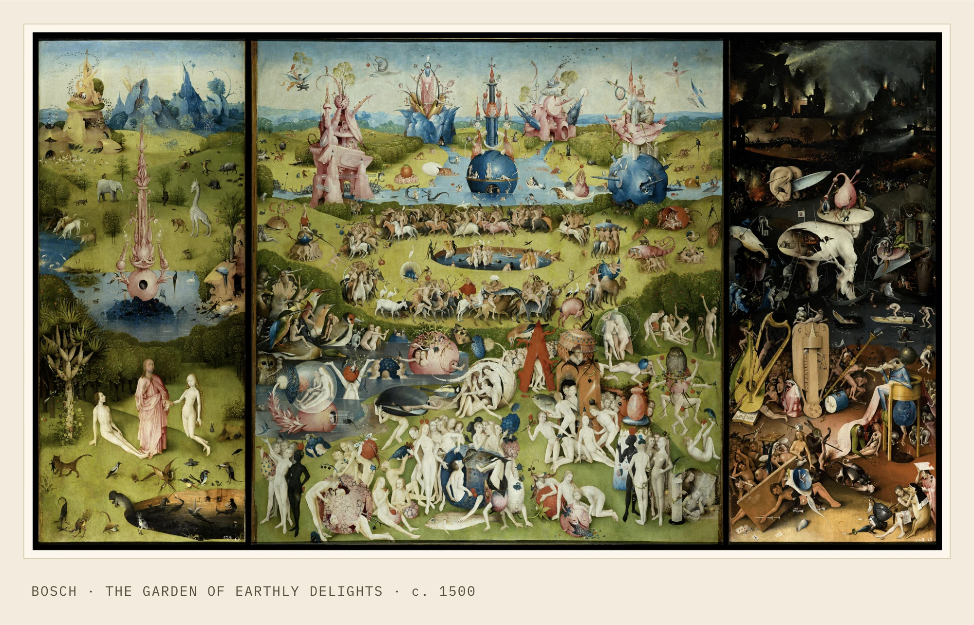 Hieronymus Bosch · The Garden of Earthly Delights. Full open triptych, preserved in the gallery frame.
